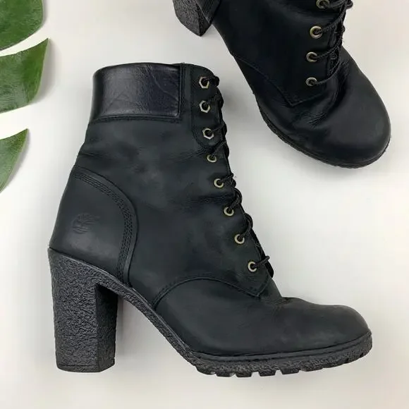 Timberland Glancy Ankle Boots Heeled Black Leather Lace Up Women's 8 - Picture 1 of 12